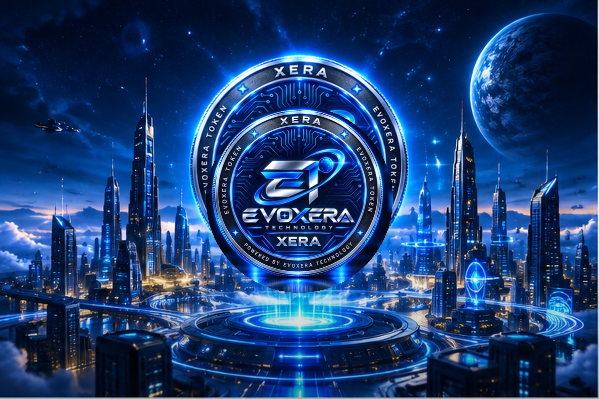 XERA coin above a futuristic technology city